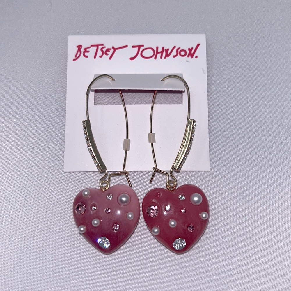 Betsey Johnson Gold Pink Rhinestone Pearl Accent Heart Dangly Earrings